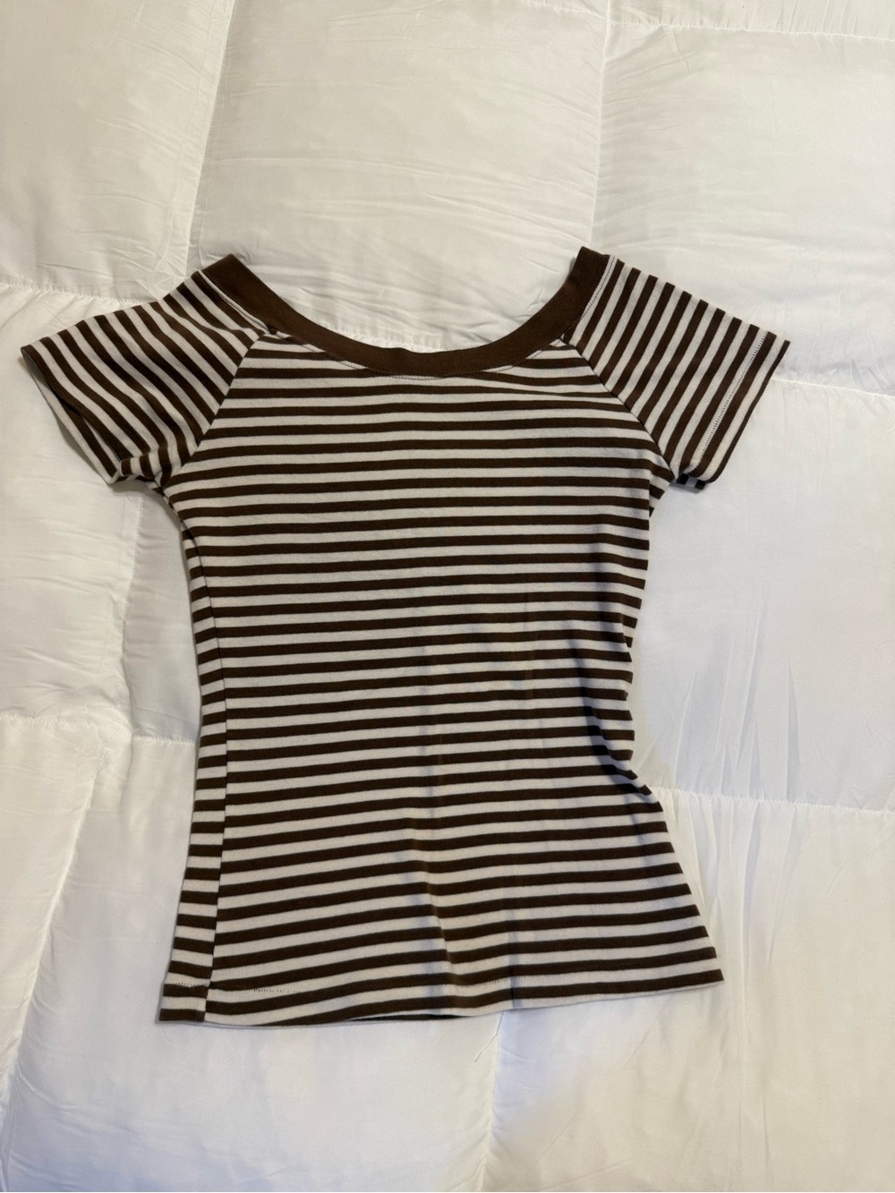 Brandy Melville Brown & White Striped Short Sleeve Scoop Top